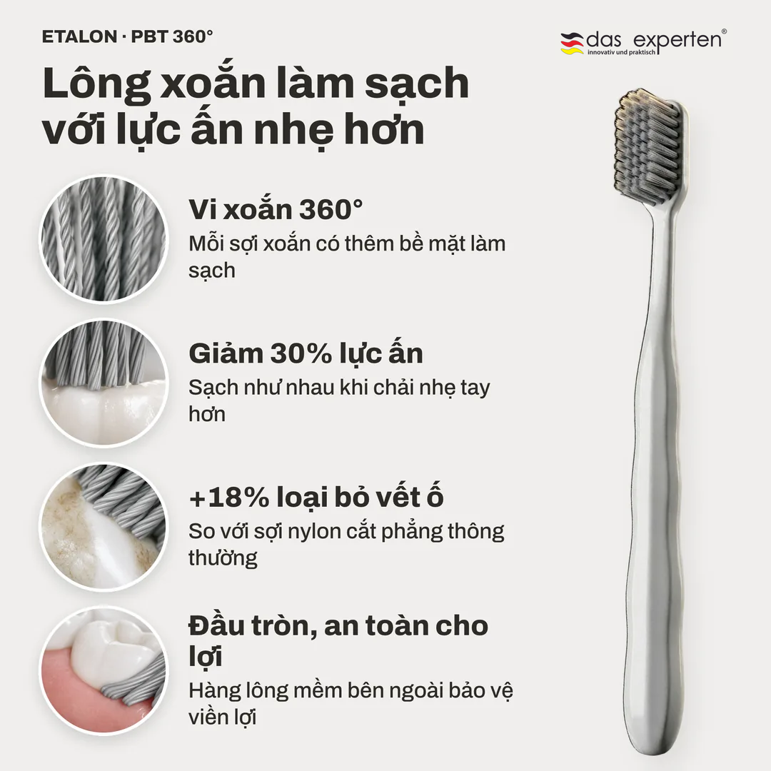 Lông xoắn làm sạch với lực ấn nhẹ hơn, Vi xoắn 360°; Giảm 30% lực ấn; +18% loại bỏ vết ố; Đầu tròn, an toàn cho lợi