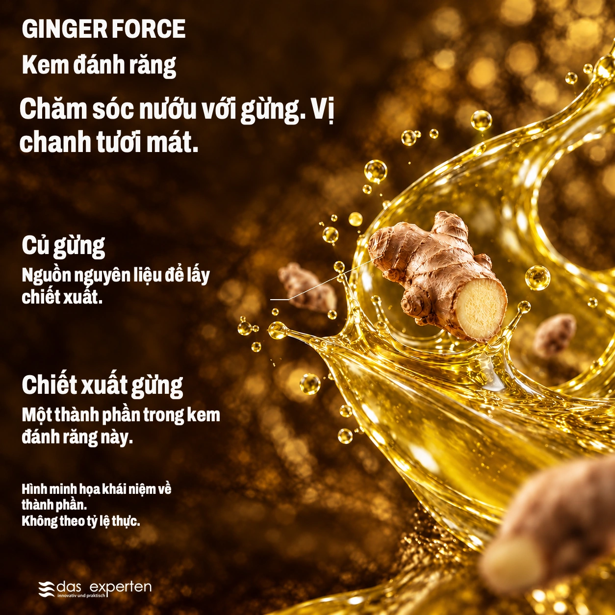 GINGER FORCE · Chăm sóc nướu với gừng. · Vị chanh tươi mát. · Hình minh họa khái niệm về thành phần. · Không theo tỷ lệ thực.