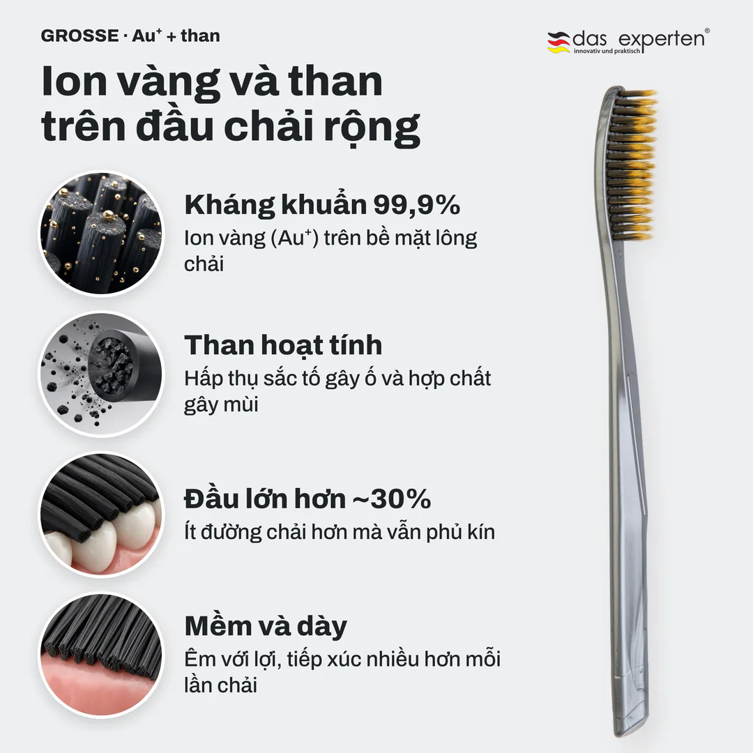 Ion vàng và than trên đầu chải rộng, Kháng khuẩn 99,9%; Than hoạt tính; Đầu lớn hơn ~30%; Mềm và dày