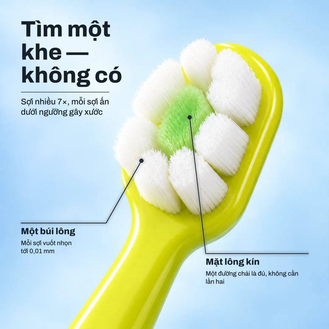 Tìm một khe, không có, Sợi nhiều 7×, mỗi sợi ấn dưới ngưỡng gây xước · Một búi lông: Mỗi sợi vuốt nhọn tới 0,01 mm · Mặt lông kín: Một đường chải là đủ, không cần lần hai