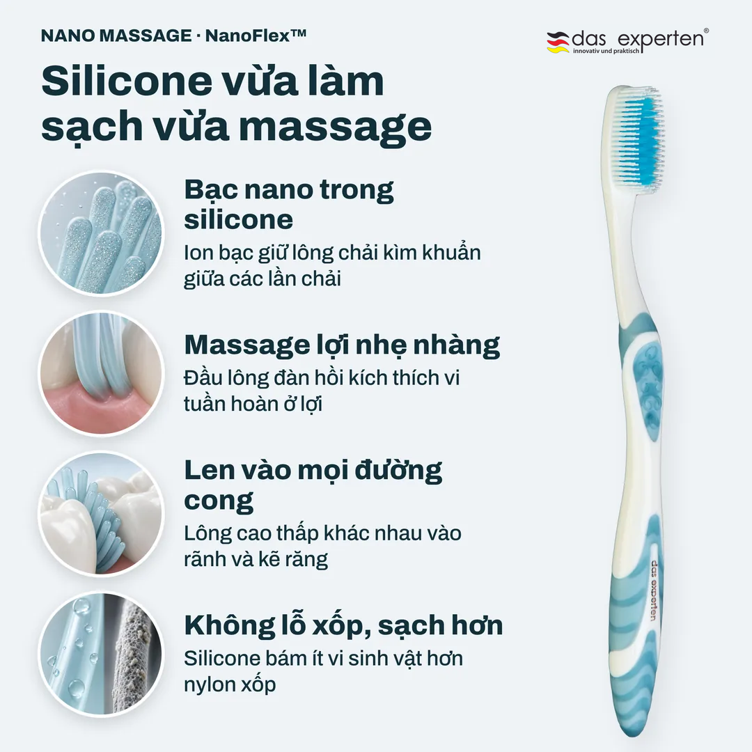 Silicone vừa làm sạch vừa massage, Bạc nano trong silicone; Massage lợi nhẹ nhàng; Len vào mọi đường cong; Không lỗ xốp, sạch hơn