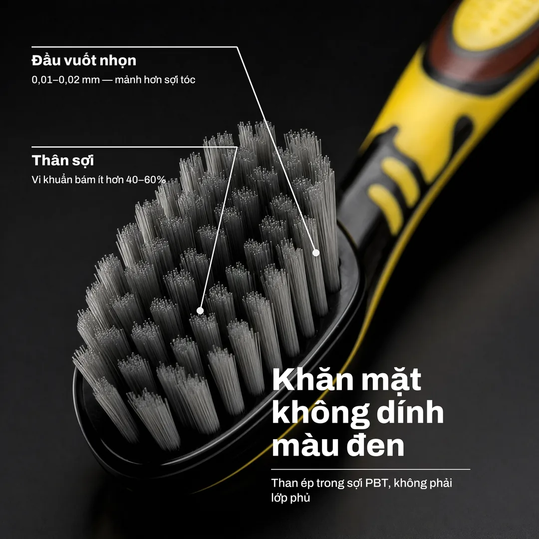 Khăn mặt không dính màu đen, Than ép trong sợi PBT, không phải lớp phủ · Thân sợi: Vi khuẩn bám ít hơn 40 đến 60% · Đầu vuốt nhọn: 0,01 đến 0,02 mm, mảnh hơn sợi tóc
