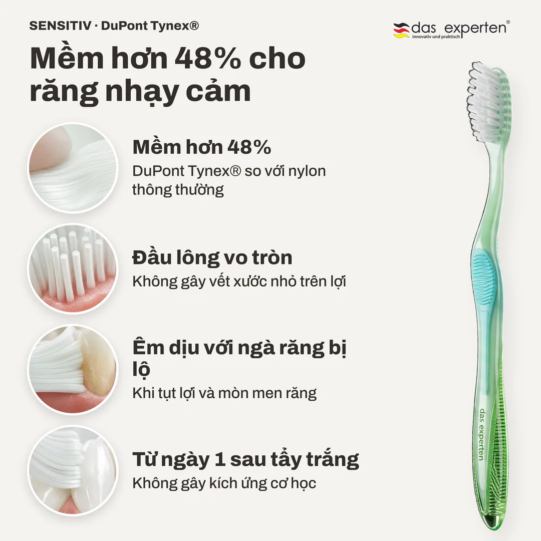 Mềm hơn 48% cho răng nhạy cảm, Mềm hơn 48%; Đầu lông vo tròn; Êm dịu với ngà răng bị lộ; Từ ngày 1 sau tẩy trắng