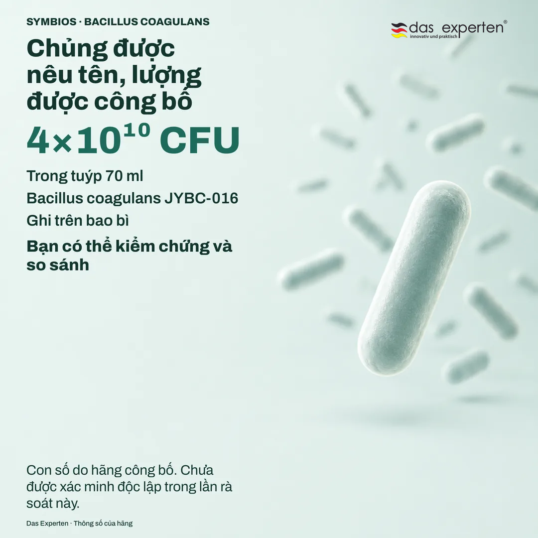 Hình minh họa bảng thông số với 4×10¹⁰ CFU trong tuýp 70 ml và chủng Bacillus coagulans JYBC 016, theo công bố của hãng