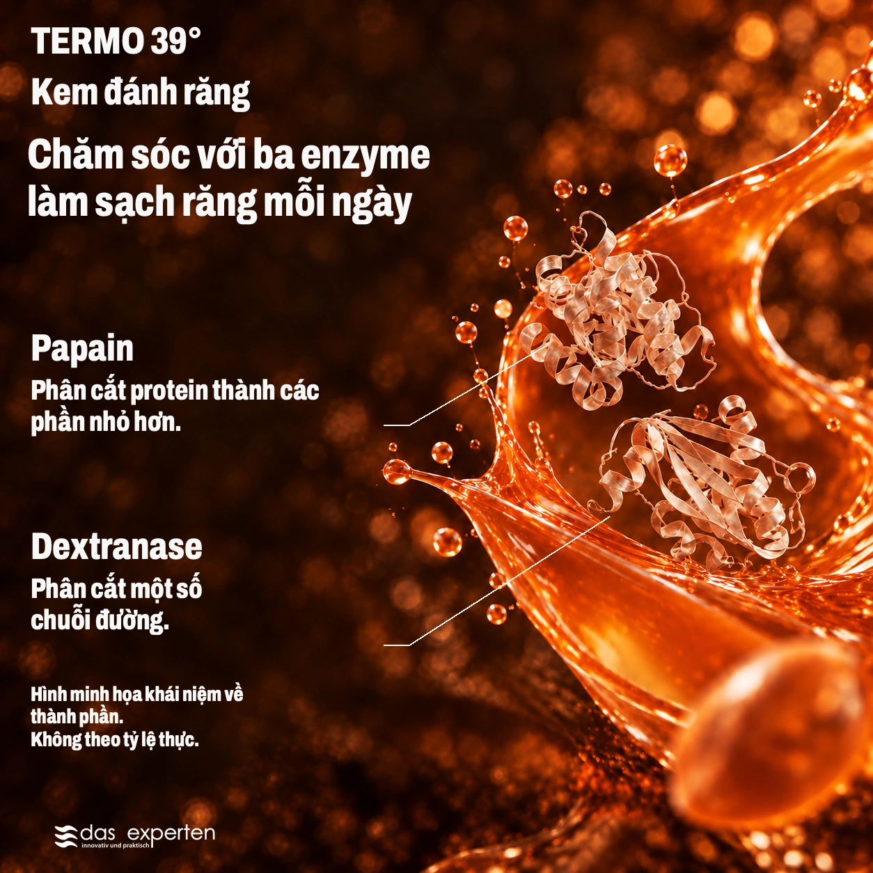 TERMO 39° · Chăm sóc với ba enzyme · làm sạch răng mỗi ngày · Hình minh họa khái niệm về thành phần. · Không theo tỷ lệ thực.