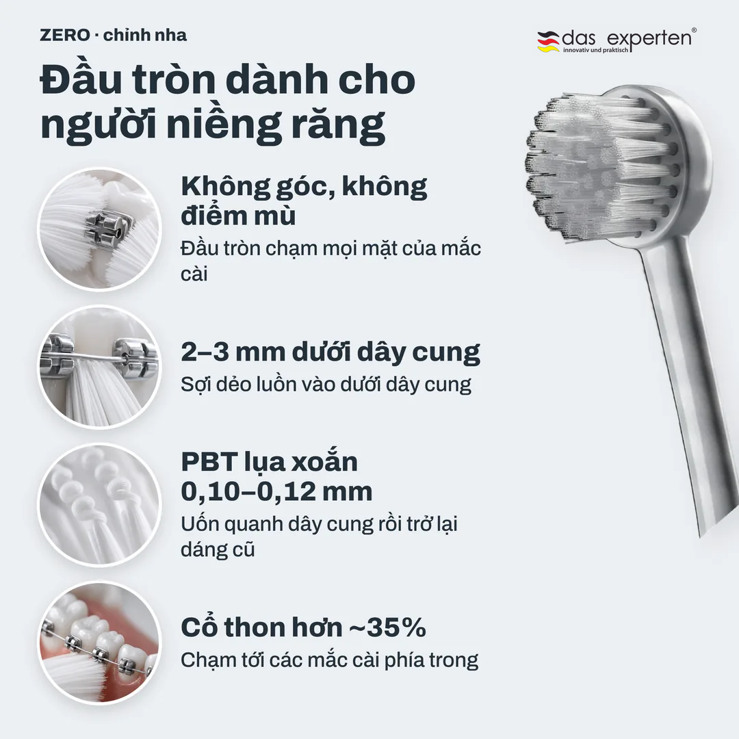 Đầu tròn dành cho người niềng răng, Không góc, không điểm mù; 2 đến 3 mm dưới dây cung; PBT lụa xoắn 0,10 đến 0,12 mm; Cổ thon hơn ~35%