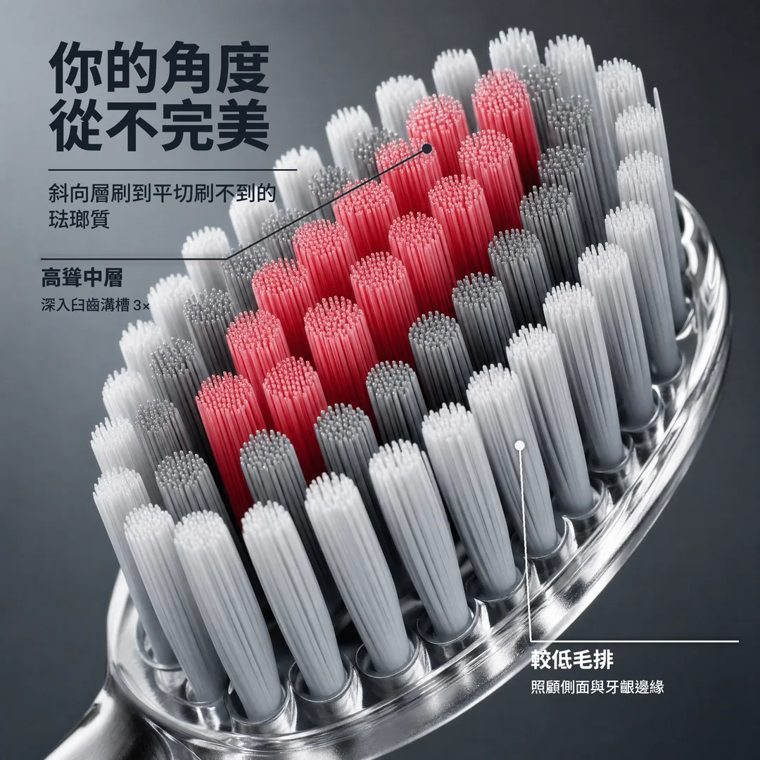 你的角度從不完美, 斜向層刷到平切刷不到的琺瑯質 · 高聳中層: 深入臼齒溝槽 3× · 較低毛排: 照顧側面與牙齦邊緣