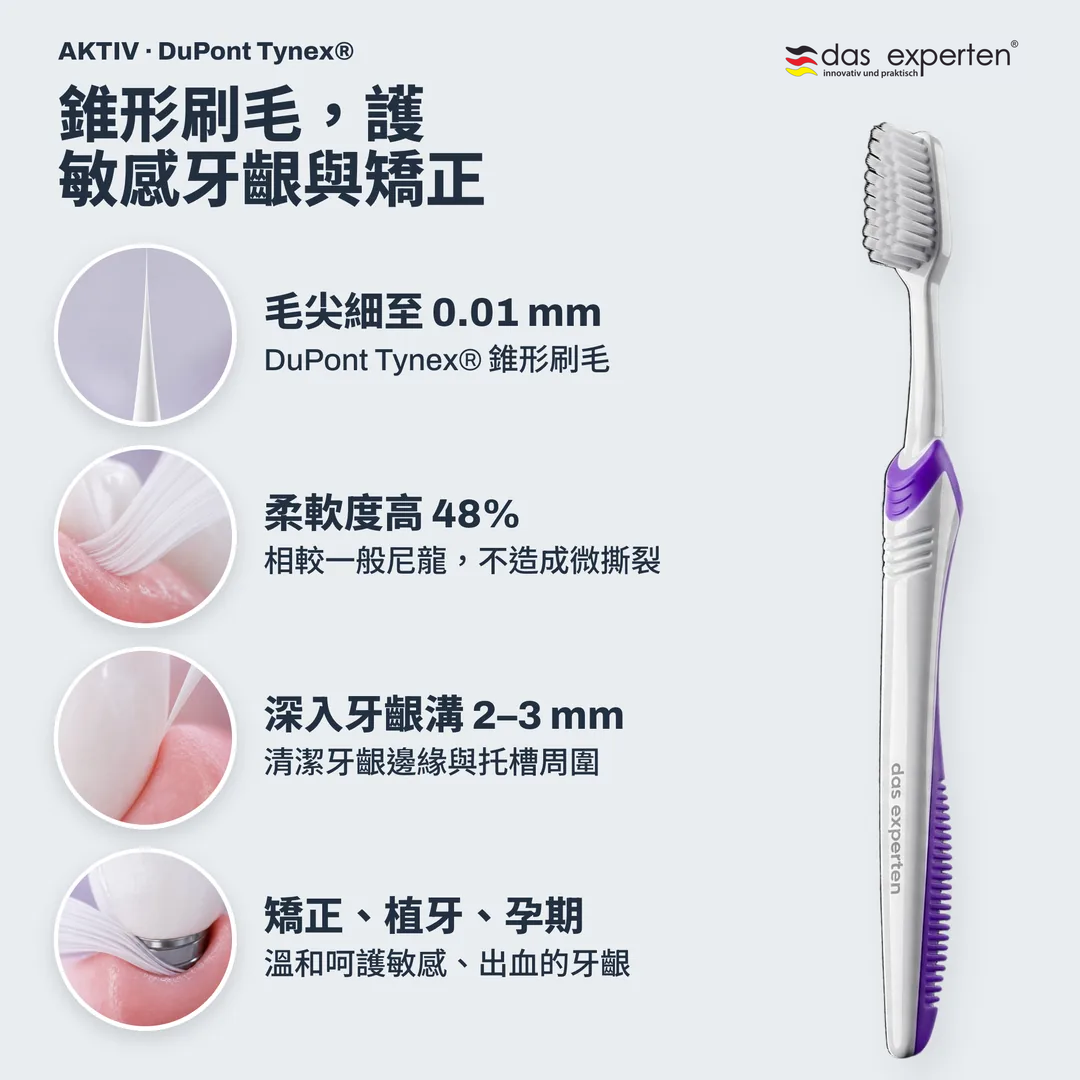 錐形刷毛，護敏感牙齦與矯正, 毛尖細至 0.01 mm; 柔軟度高 48%; 深入牙齦溝 2 至 3 mm; 矯正、植牙、孕期