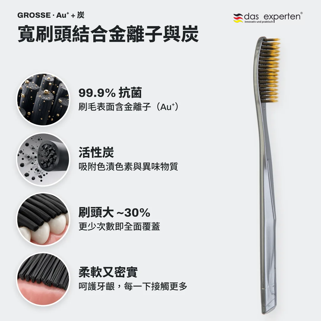 寬刷頭結合金離子與炭, 99.9% 抗菌; 活性炭; 刷頭大 ~30%; 柔軟又密實