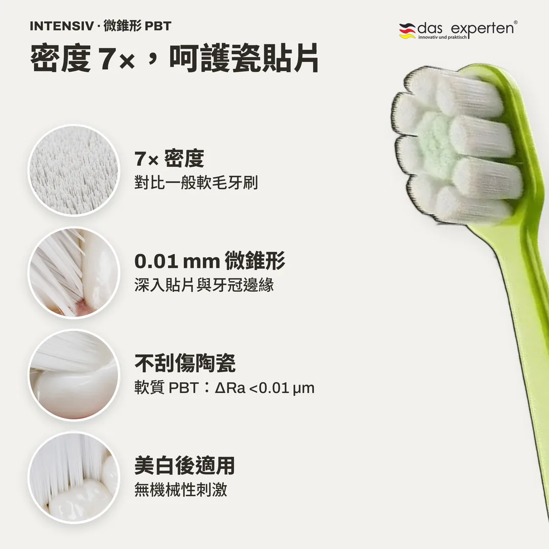 密度 7×，呵護瓷貼片, 7× 密度; 0.01 mm 微錐形; 不刮傷陶瓷; 美白後適用