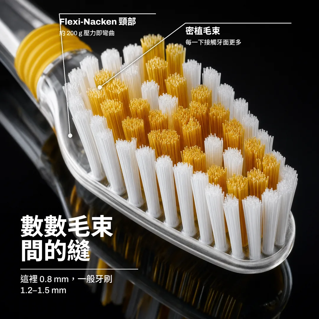 數數毛束間的縫, 這裡 0.8 mm，一般牙刷 1.2 至 1.5 mm · 密植毛束: 每一下接觸牙面更多 · Flexi Nacken 頸部: 約 200 g 壓力即彎曲