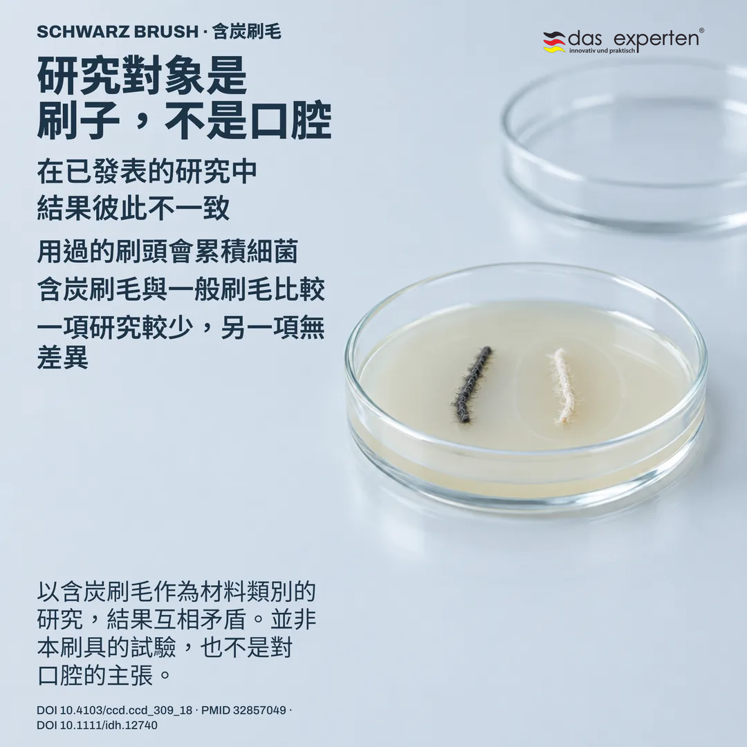 實驗室比較示意：培養皿上兩份刷毛樣本，其中一份周圍有量測區帶，研究對象為用過的刷子