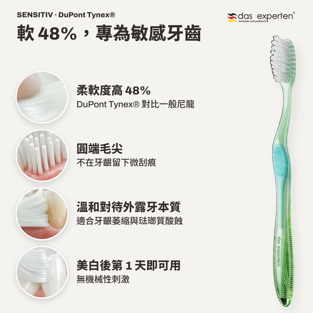 軟 48%，專為敏感牙齒, 柔軟度高 48%; 圓端毛尖; 溫和對待外露牙本質; 美白後第 1 天即可用