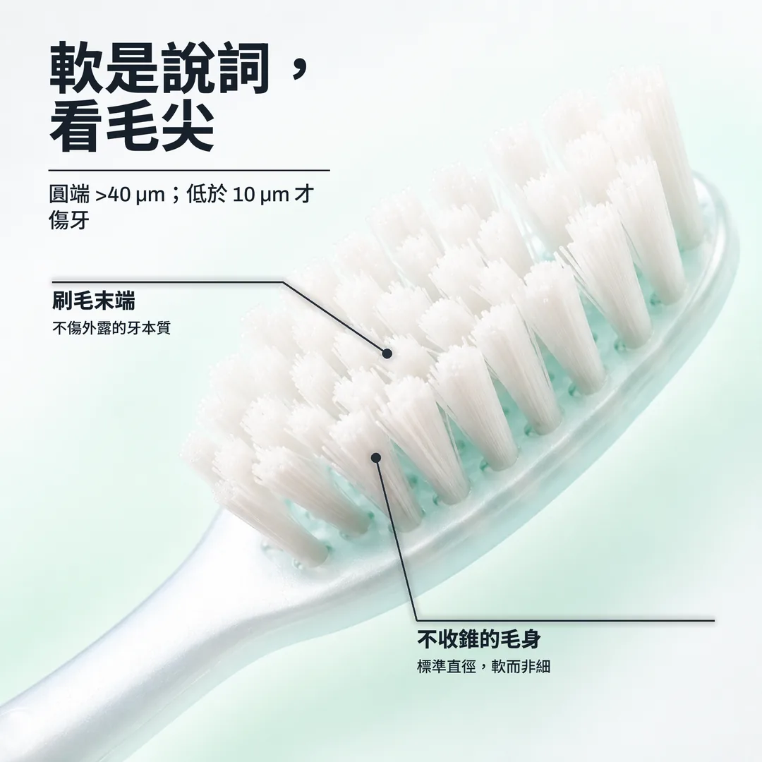 軟是說詞,看毛尖, 圓端 >40 μm;低於 10 μm 才傷牙 · 刷毛末端: 不傷外露的牙本質 · 不收錐的毛身: 標準直徑,軟而非細