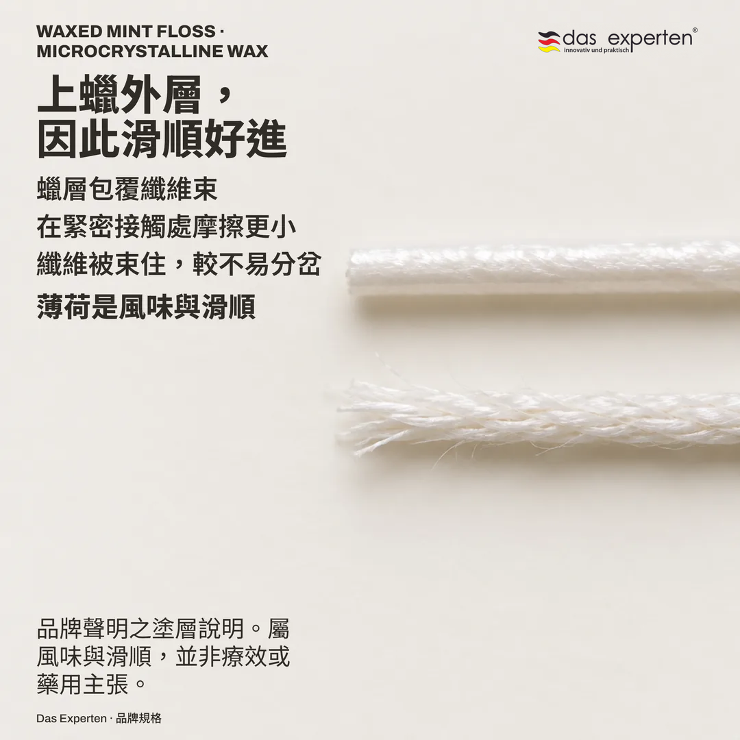 材料研究示意：放大的上蠟牙線，蠟層連續完整，旁邊是未上蠟、纖維散開的線束