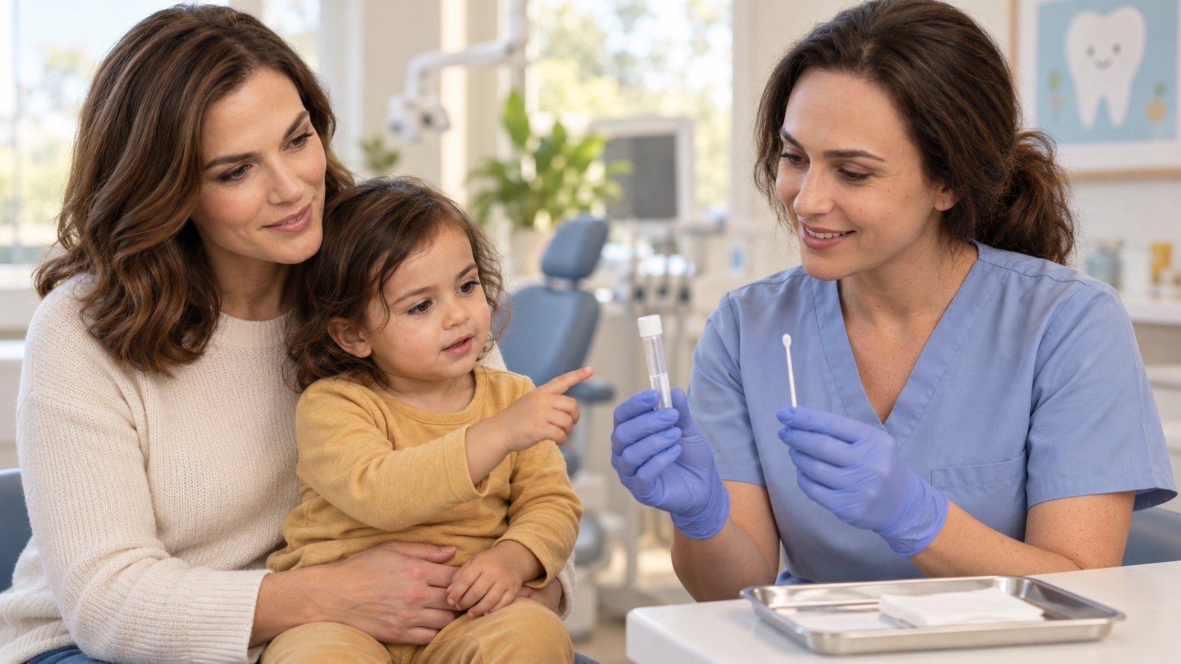 A researcher shows a sample tube and an oral sampling swab to a parent and toddler.