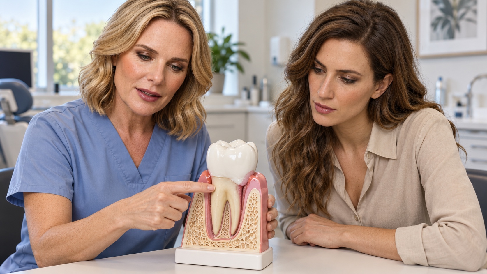 A clinician points below the gum margin on a tooth model while a patient follows the explanation.