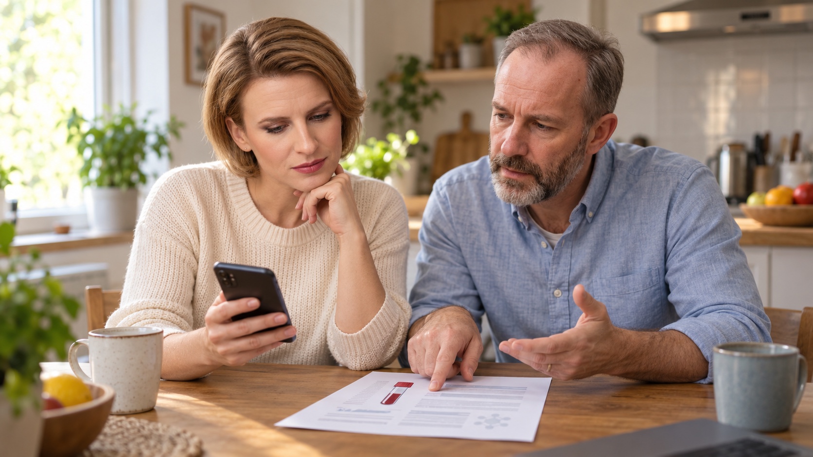 Two adults compare a health story on a phone with a research report at a kitchen table.