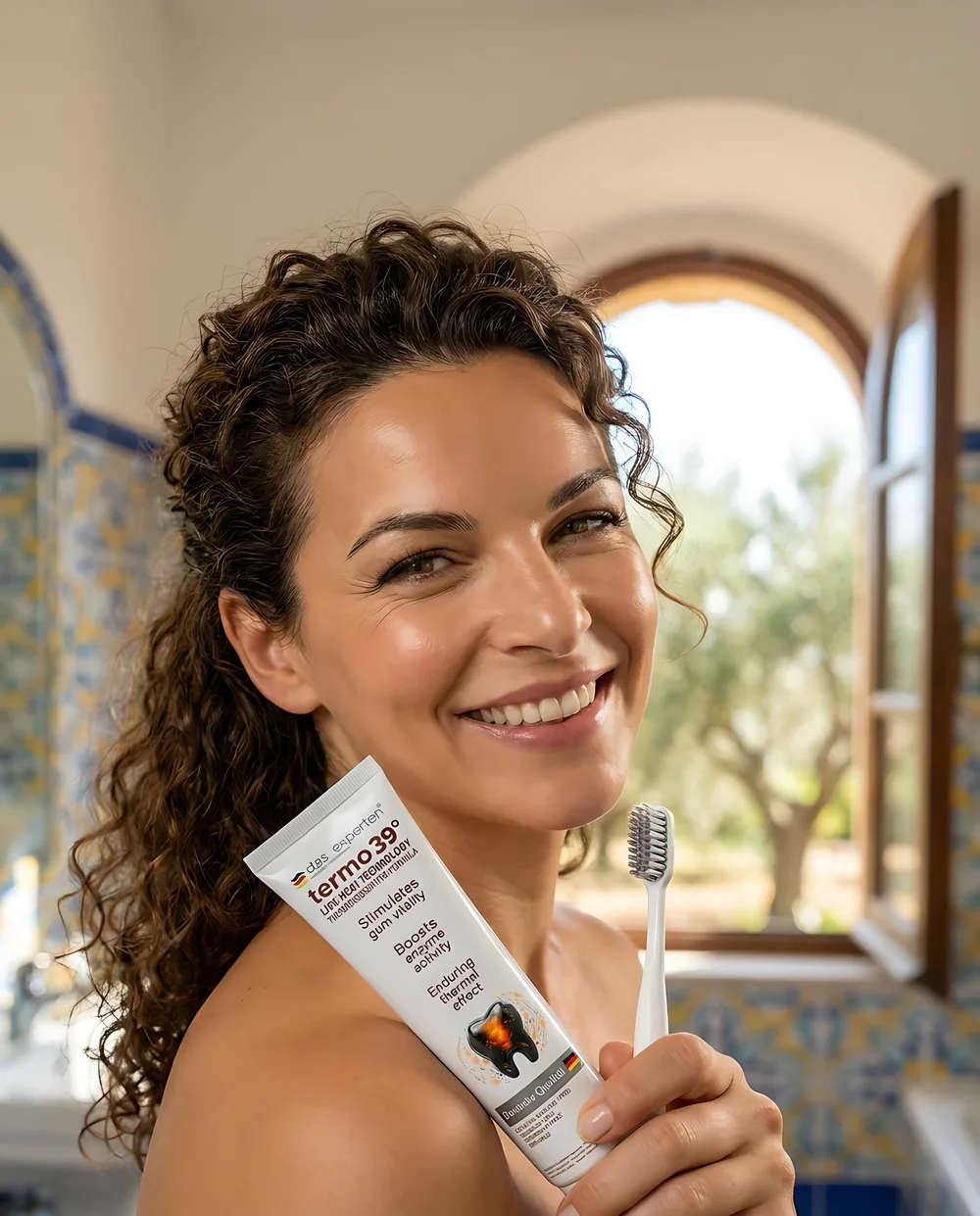 Woman using Das Experten termo 39° in a Mediterranean bathroom